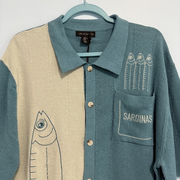 Art of Rhetoric Mens XL Blue Fish Sardinas Full Button Polo Collared Sweater - Picture 2 of 6